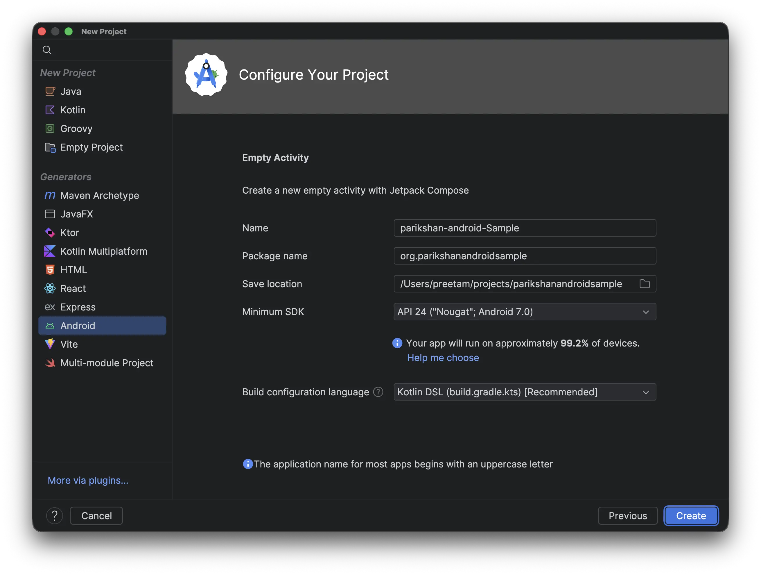 Android Studio New Project Setup