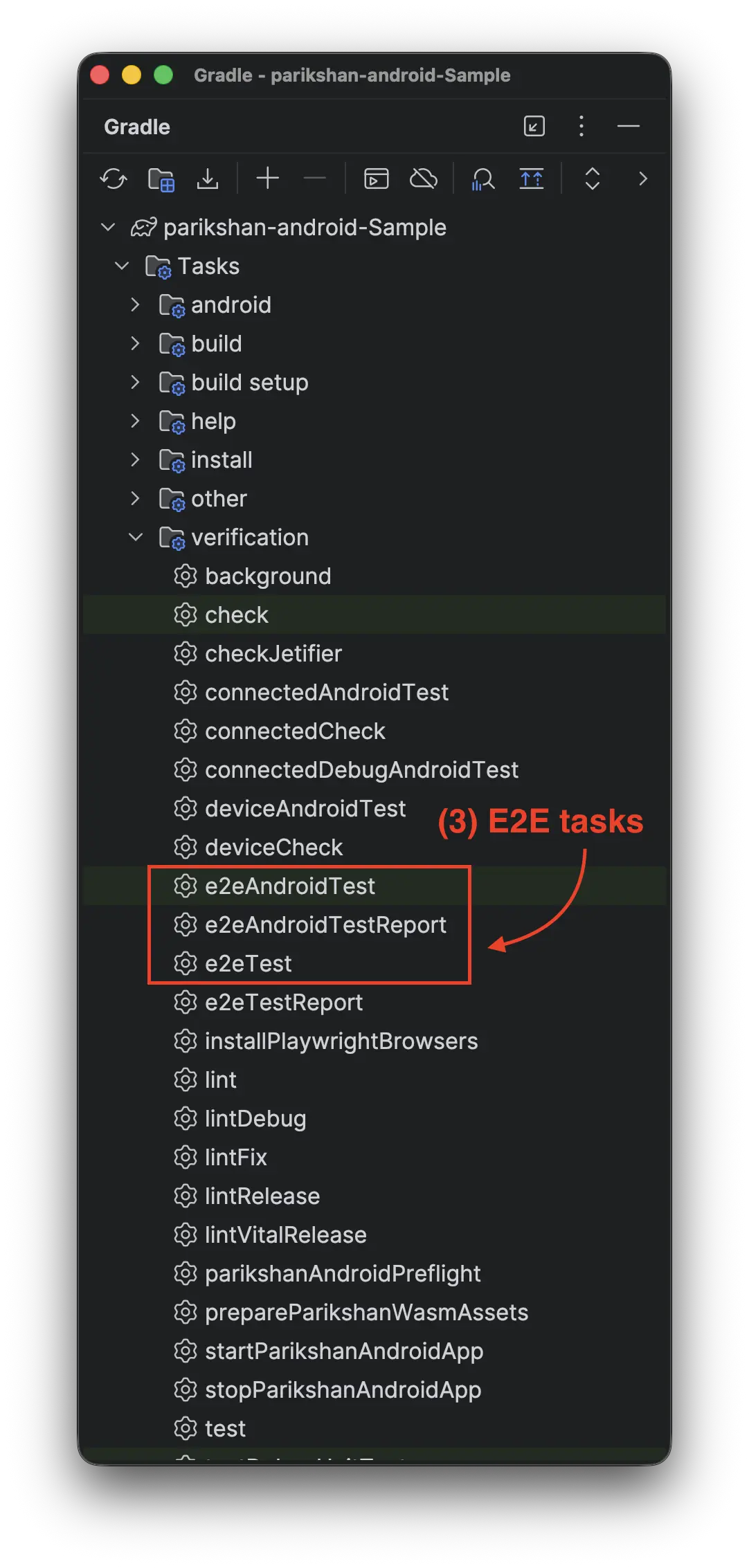 e2eAndroidTest Task in Gradle Window