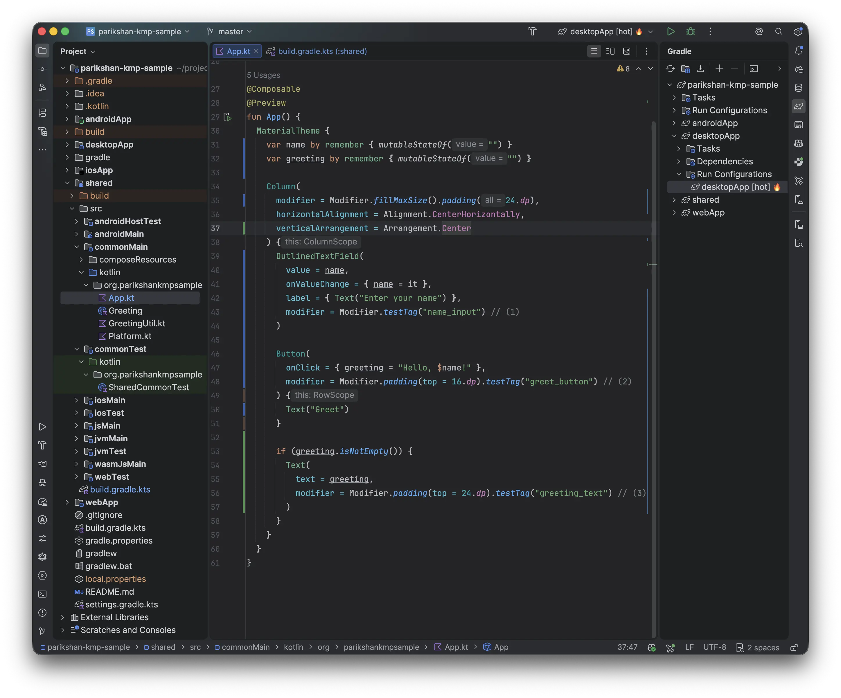 App.kt with Test Tags in IDE
